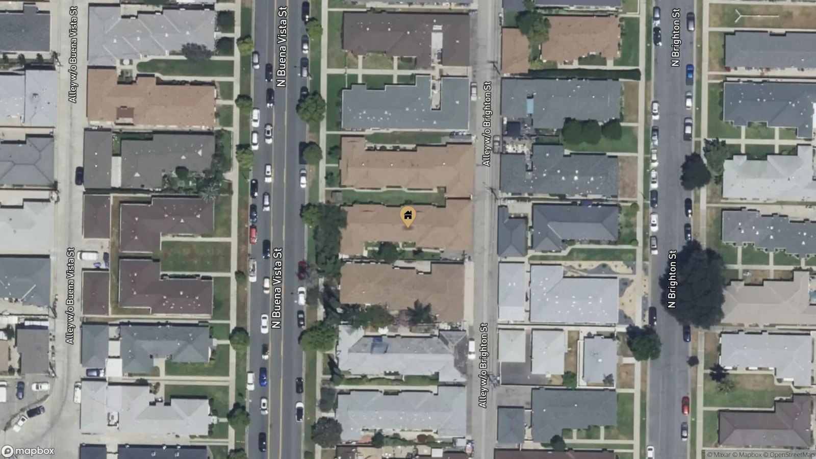 Aerial view with 2534 N Buena Vista St marked
