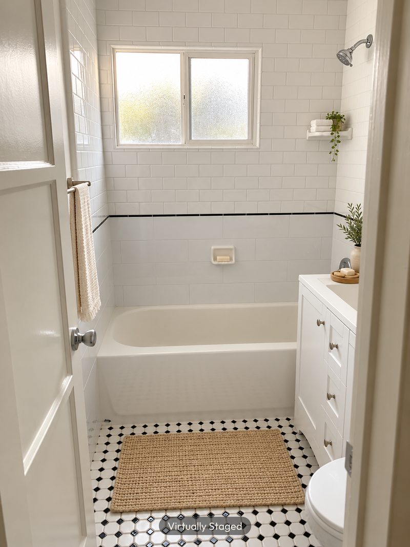 Bathroom with tub, virtually staged