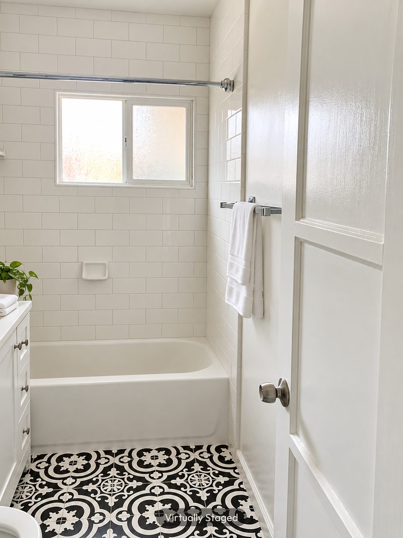 Bathroom with tub, virtually staged