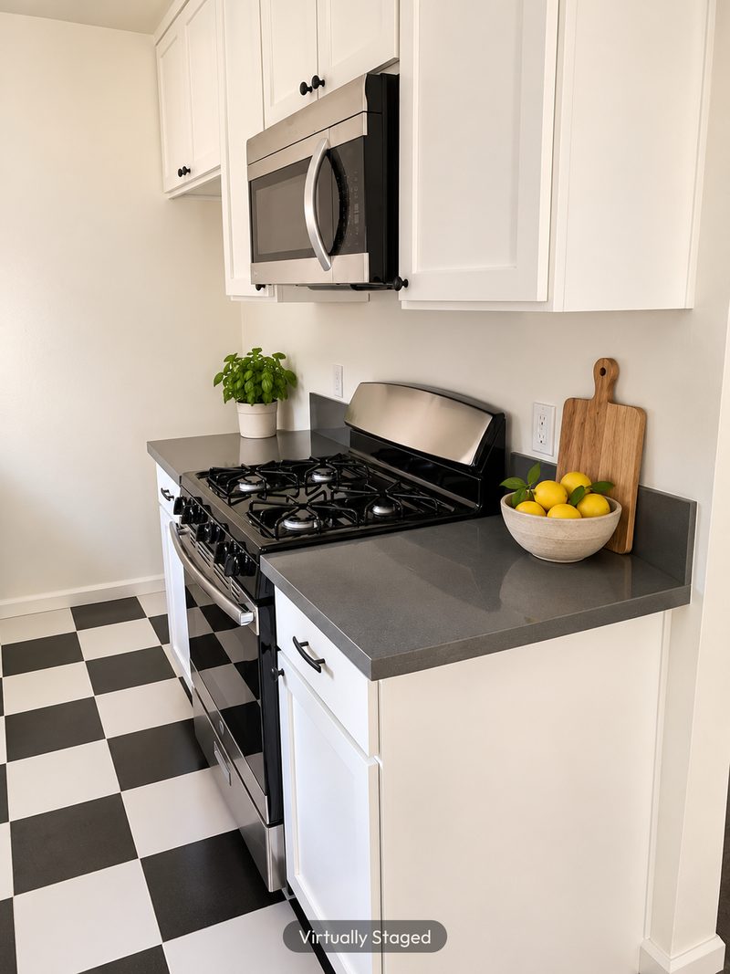 Kitchen with a checkerboard floor, virtually staged