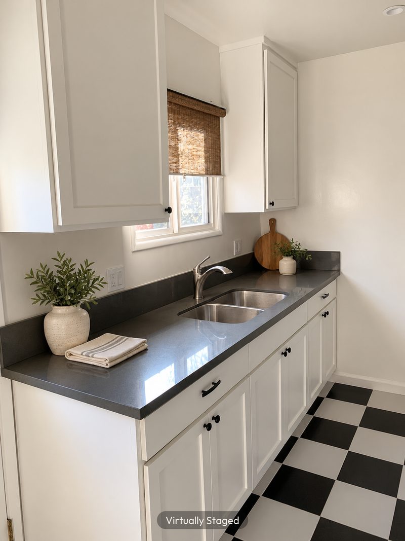 Kitchen sink and counters, virtually staged