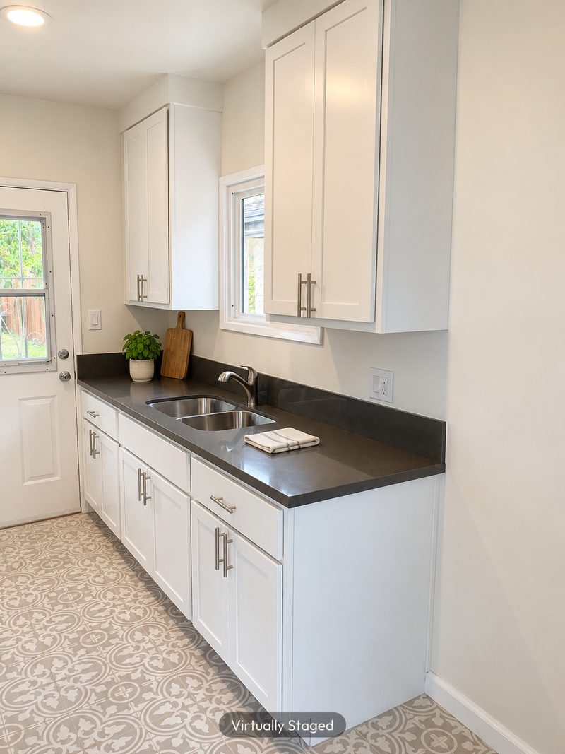 Kitchen sink and counters, virtually staged